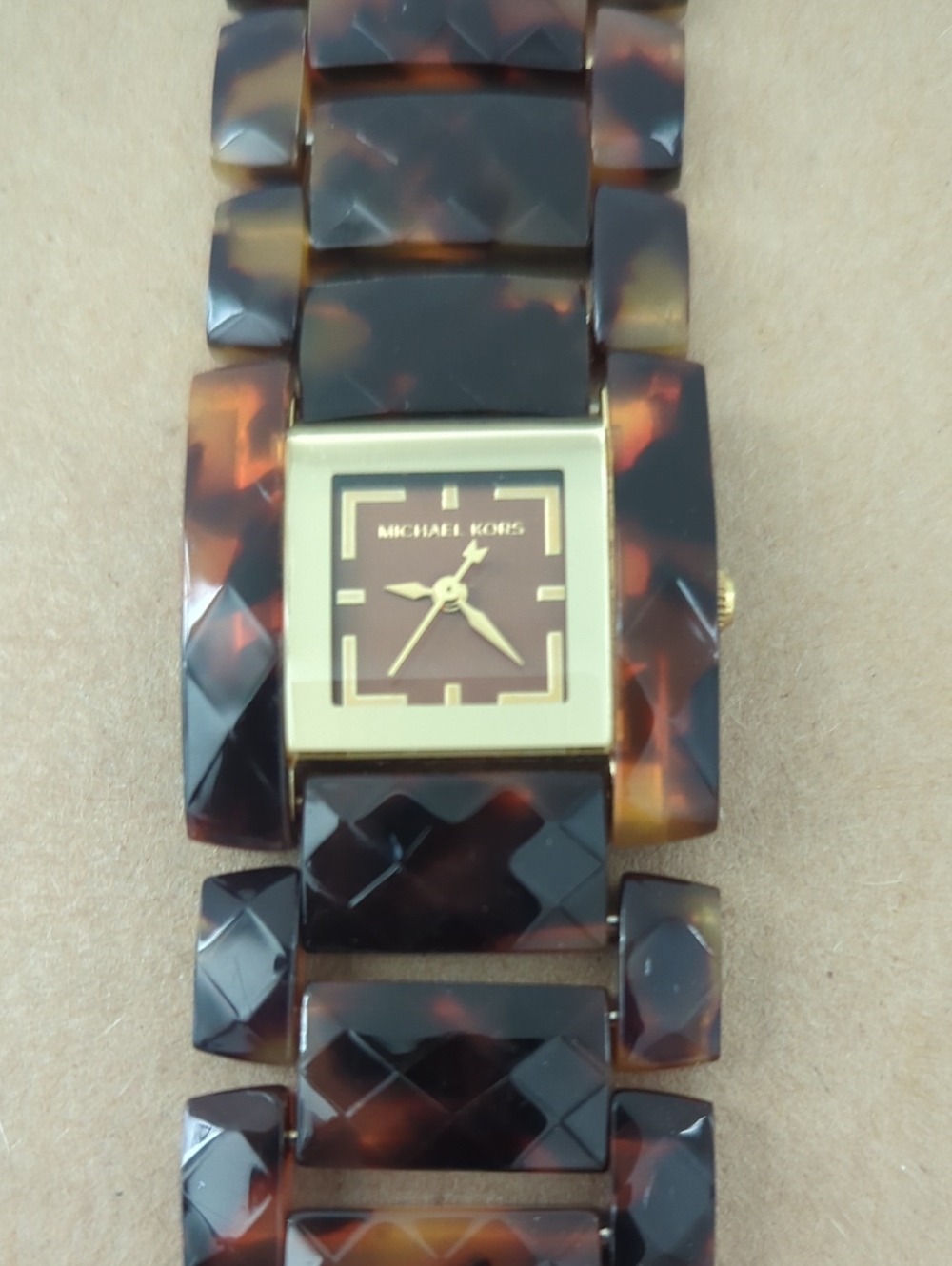 Michael Kors Brown Tortoiseshell Resin Link Watch with Gold-Tone Case
